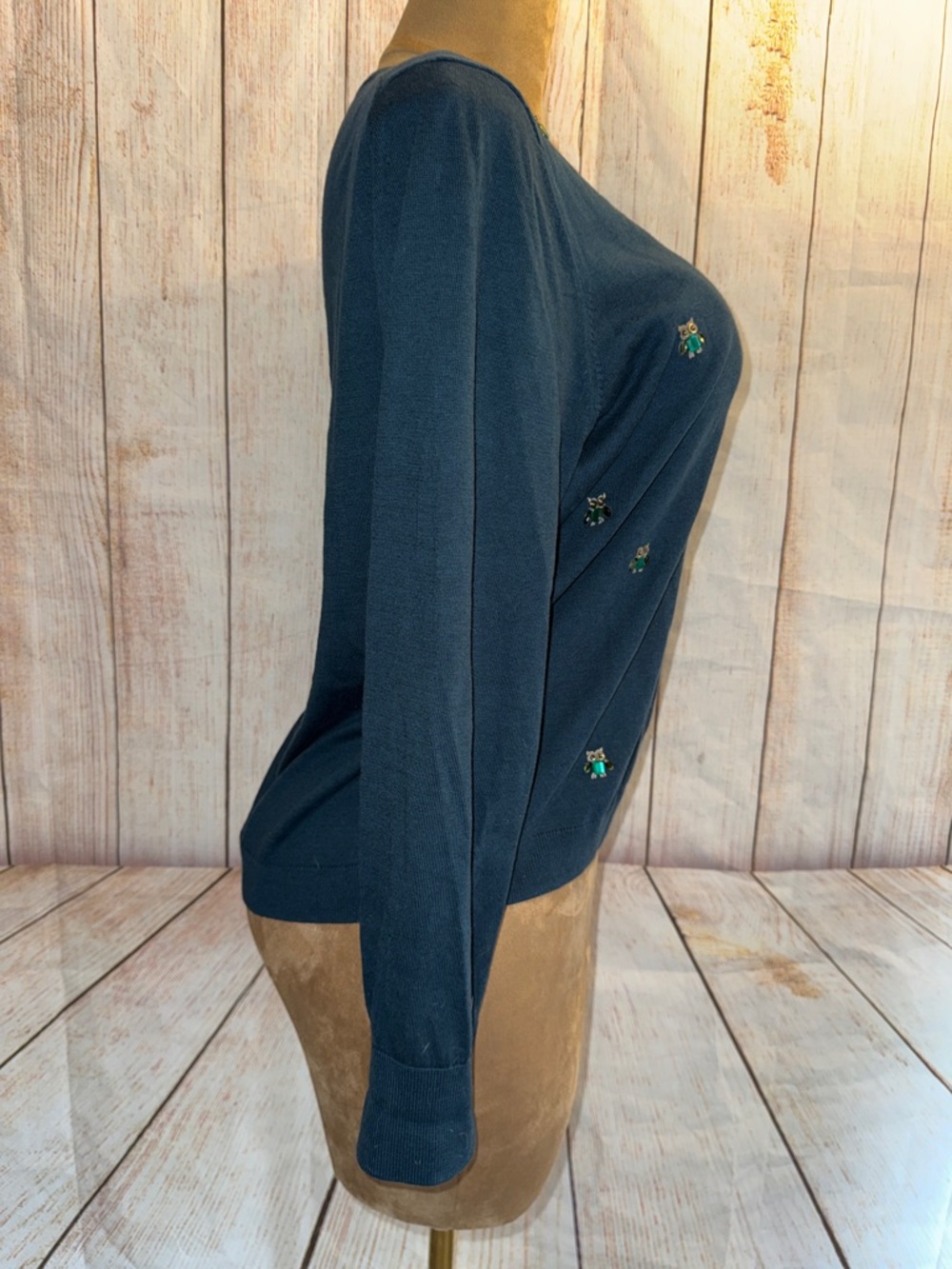 Talbots Blue Crewneck Sweater with rhinestone jewel owls, lightweight sz XL - Picture 5 of 12